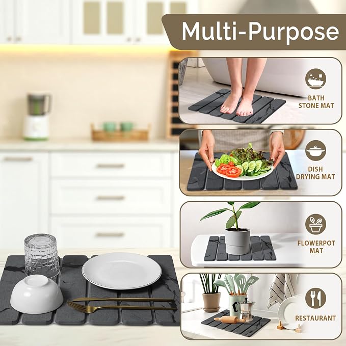 Large Stone Dish Drying Mat for Kitchen Counter, 2PCS Quick Dry Stone Dishes Mat,Foldable Water Absorbing Diatomaceous Drying Organizer Pad for Plate Rack Bottles Utensils(Dark Gray 16"x12" & 8“x4")
