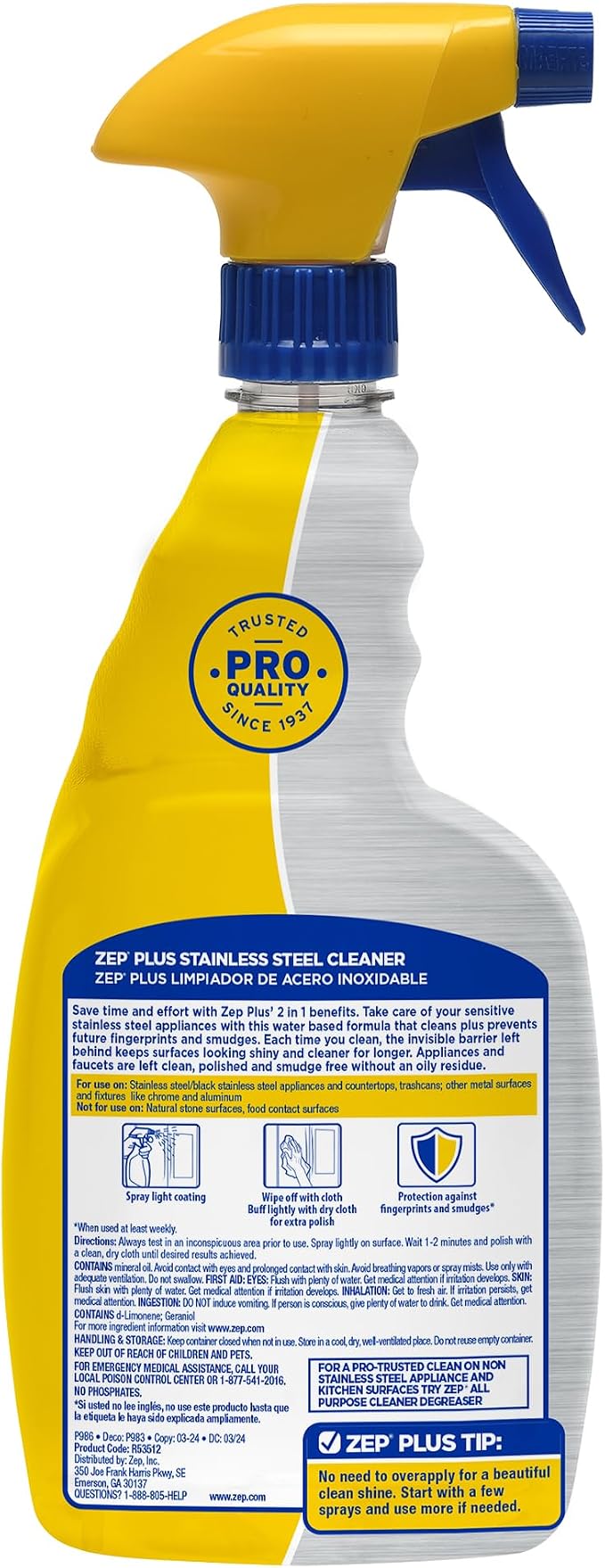 Zep Plus Stainless Steel Cleaner - 32 Fl OZ - R53512-2-in-1 benefits clean while preventing future fingerprints and smudges, (Pack of 2)