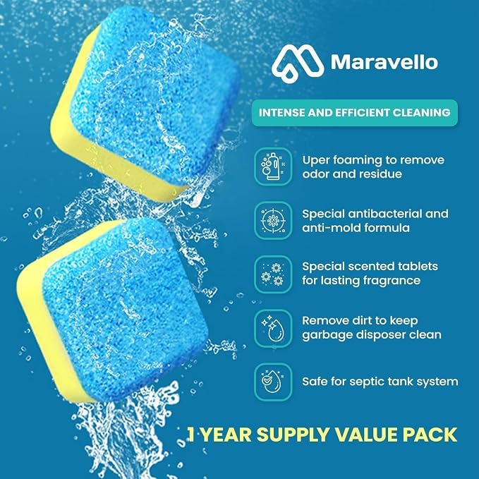 Garbage Disposal Cleaner and Deodorizer 24 Tablets: Maravello Sink Foaming Garbage Disposer Freshener - Kitchen Drain Cleaning Pods with Lemon Fresh Formula - 1 Year Supply