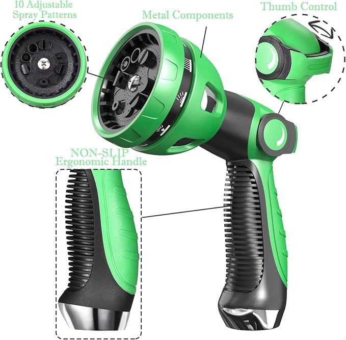 Garden Hose Nozzle - 10 Adjustable Patterns Metal High Pressure Hose Nozzle, Garden Hose Spray Nozzle with Thumb Control Design, Hose Sprayer for Garden & Lawns Watering, Cleaning, Pets & Car Washing