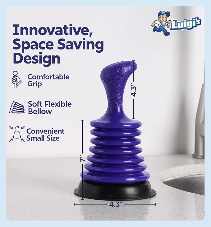 Luigi's Sink Plunger Kitchen - Sink Plunger Bathroom - Drain Bathtub or Shower - Small and Powerful Clog Remover - Commercial Style Plumbers Plungers with Large Bellows - Blue - Mini