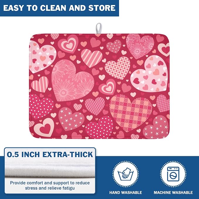 Valentine's Day Red Heart Dish Drying Mat 18x24 Inch | Polyester，Absorbent Microfiber，for Kitchen Coffee Dining Bar Decor