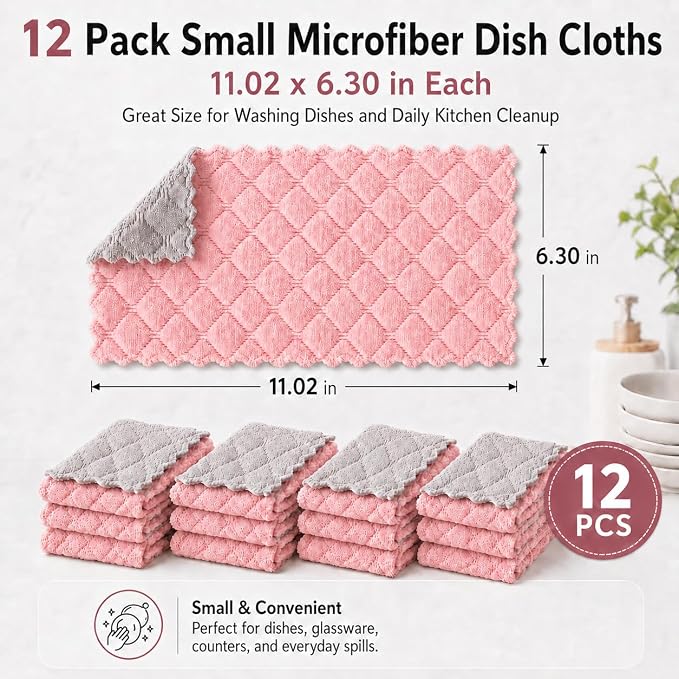 kimteny 12 Pack Dish Cloths for Washing Dishes, Super Absorbent Microfiber Kitchen Dish Rags, Fast Drying Coral Velvet Dish Cloths for Kitchen Counter and Dishes (Pink-Grey)