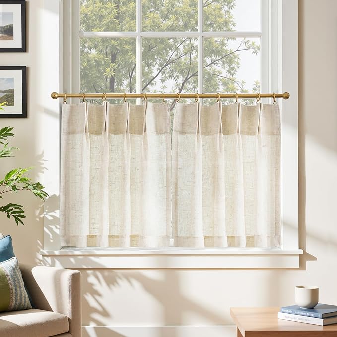 jinchan Linen Pinch Pleated Back Tab Tier Curtains,26x24,2 Panels,Natural | Light filtering,small window treatment,cafe curtains,machine washable,farmhouse,kitchen,bathrooms,laundry