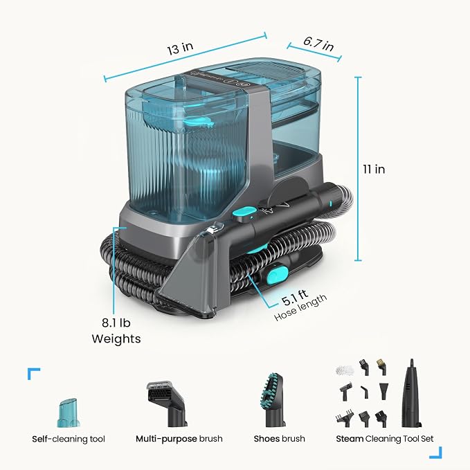 Portable Steam Carpet Cleaner, 203°F High Temp Steam & 18,000Pa Suction, Deep Stain & Odor Removal, Spot Cleaner for Pets, Kids, Home Upholstery, Stairs & Car Detailing