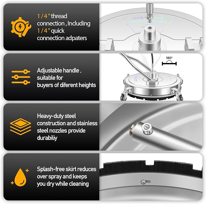 LidoDola 20'' Pressure Washer Surface Cleaner, Power Washer Accessory | Stainless Steel Body, Dual Handles, 4 Replacement Nozzles, Ideal for driveways, decks & patios—clean effortlessly