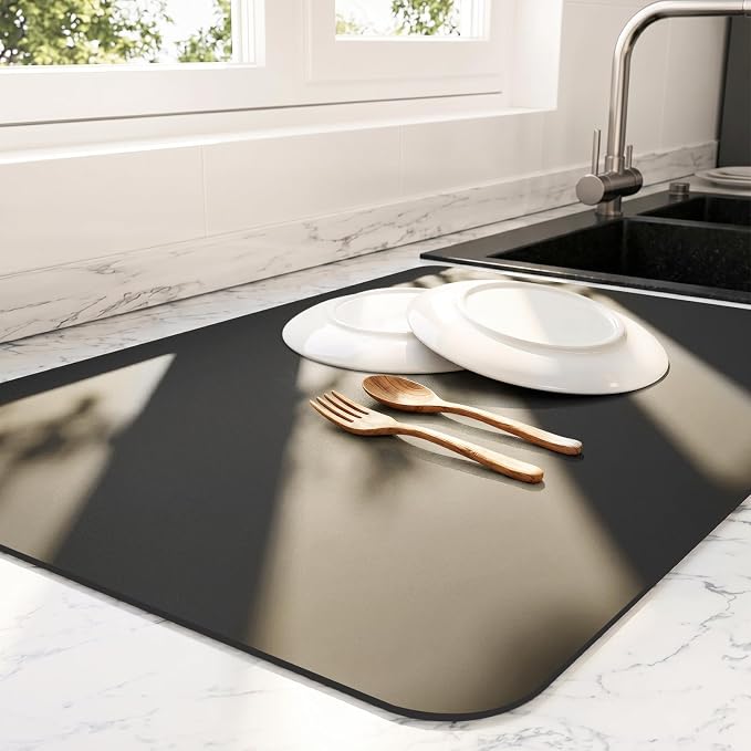 Ecotrim - Dish Drying Mat for Kitchen Counter | Coffee Bar Mat for Countertops | Heat Resistant Drainer Mat with Non-slip Rubber Backed | Hide Stain Kitchen Absorbent Draining Mat | Black 16"x20"