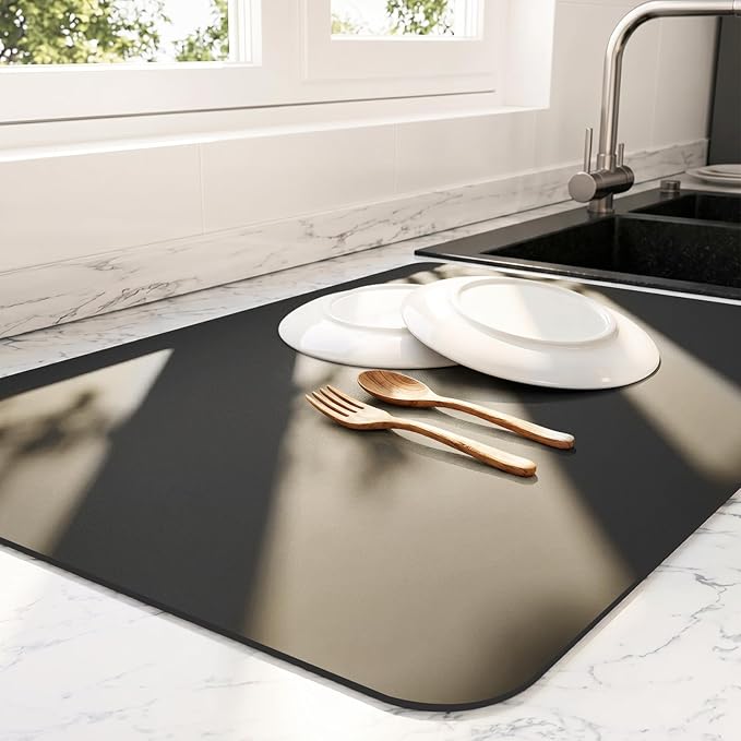 Ecotrim - Dish Drying Mat for Kitchen Counter | Coffee Bar Mat for Countertops | Heat Resistant Drainer Mat with Non-slip Rubber Backed | Hide Stain Kitchen Absorbent Draining Mat | Black 18"x28"