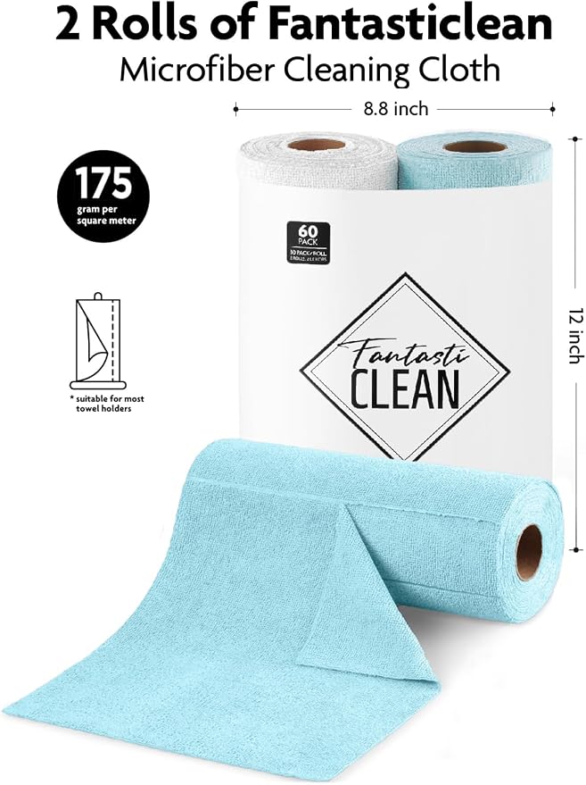 Fantasticlean Microfiber Cleaning Cloth Roll-60 Sheets,12"x12"(White, Blue) | Super Absorbent, Lint-free, Tear-away Microfiber Towel Roll, for All-Purpose Cleaning, Reusable Alternative to Paper Towels