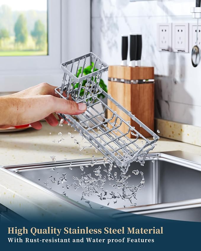 Consumest Sponge Holder for Kitchen Sink - Kitchen Sink Caddy Organizer with Removable Drip Tray for Countertop Dish Soap Dispenser Brush Storage Accessories 304 Stainless Steel, Grey
