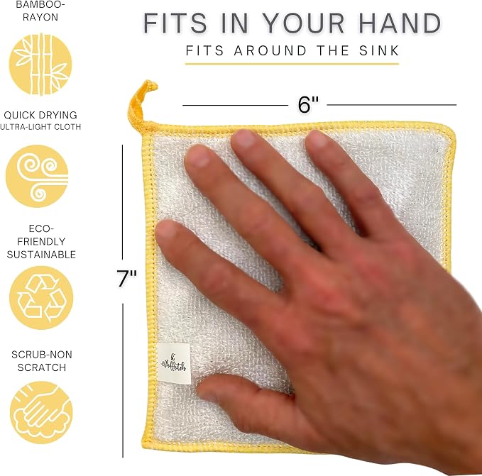 Whiffkitch® Scrubby Cloth – 6-Pack, Dishcloths, Dishrags for Kitchen and Household Cleaning 6x7, 2-Sided, Non-Scratch, Bamboo-Rayon, Scrub Mesh, Quick Dry, Washable, Reusable