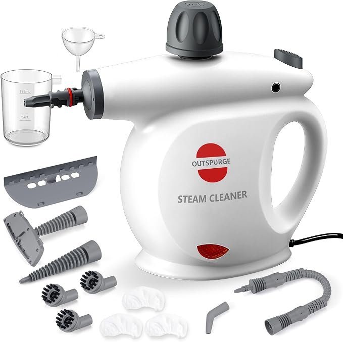 Handheld Steam Cleaner, Pressurized Multi-Surface Steam Shot with 13 Accessories, Safety Lock, Steamer for Cleaning Floor, Upholstery, Grout, Windows, Couch and Car, White