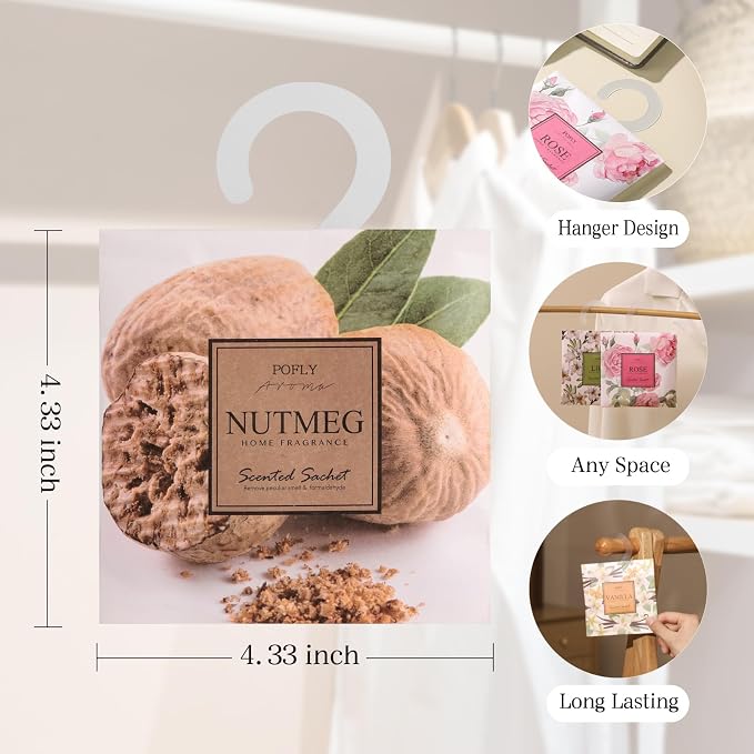 12 Pack Nutmeg Scented Sachets, Air Freshener for Home & Small Spaces | Hanging Sachet Bags with Retractable Hook; Closet Deodorizer & Odor Eliminator for Drawers, Shoe Cabinets, Cars & Luggage