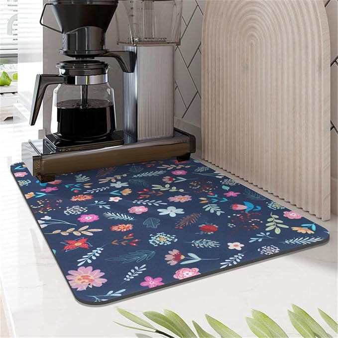 LOKHOM Dish Drying Mat for Kitchen Counter, 12"x20" Absorbent Vintage Diner Rack Mats with Colorful Floral Pattern for Coffee Maker, Coffee Pot, Dining Room Decoration