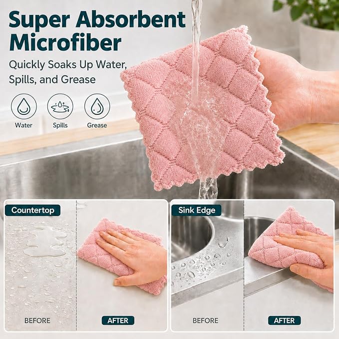 kimteny 12 Pack Dish Cloths for Washing Dishes, Super Absorbent Microfiber Kitchen Dish Rags, Fast Drying Coral Velvet Dish Cloths for Kitchen Counter and Dishes (Pink-Grey)