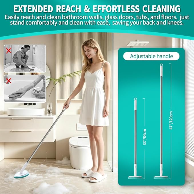 Creatyi Professional Shower Scrubber with Long Handle, Shower Cleaner Brush, Shower and tub Scrubber with 10 PCS Non-Scratch Scouring Pads for Bathroom Shower and tub