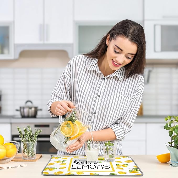 Zonon Dish Drying Mat for Kitchen Counter 16 x 24 Microfiber Absorbent Dish Drainer Rack Pads Fast Dry Mat Vintage Kitchen Decorations(Lemon)