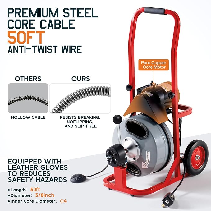 Albott 50 FT x 3/8 inch Electric Drain Cleaner Machine with Auto-Feed & 10 Cutters, Sewer Snake Auger for 1–4 Inch Pipes, Foot Switch & Wheels, Ideal for Home & Commercial Use, Gray/Red