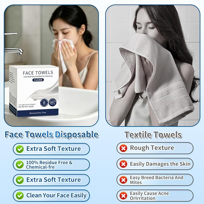 Disposable Face Towels, Biodegradable 100% USDA Face Towels, Ultra Soft Thick Face Wipes, Cleaning Facial Towels For All Skin Types, Skincare and Makeup Remover, Nursing, Travel, Dry Wipes (50 Ct)