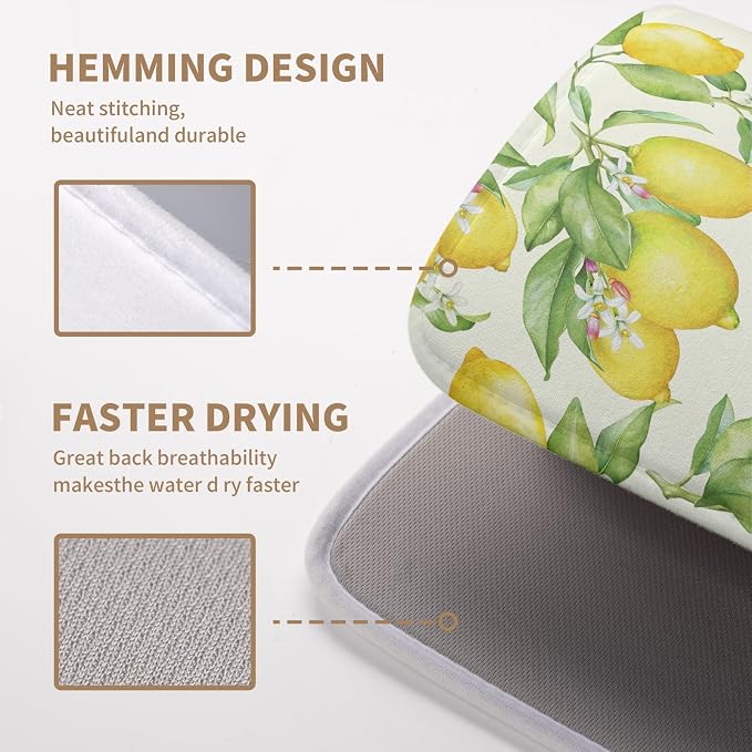 Lemon Kitchen Dish Drying Mat 16×18 Inch Summer Yellow Green Lemon Drying Mat Watercolor Microfiber Dish Drainer Rack Mat Washable Absorbent Dish Pad