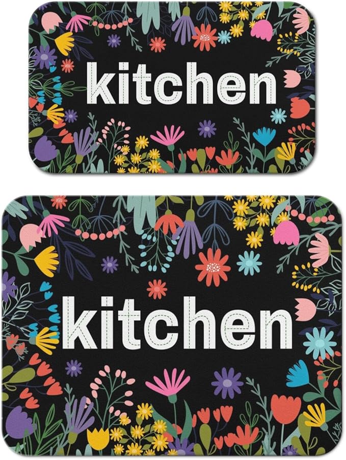 Dish Drying Mat 2-Pack in Floral Garden for Kitchen Counter Dishes Mat | Diatom Mud Mats (18x24, 19.5x12"). Non-slip rubber back for kitchen counter, coffee bar & sink scenes