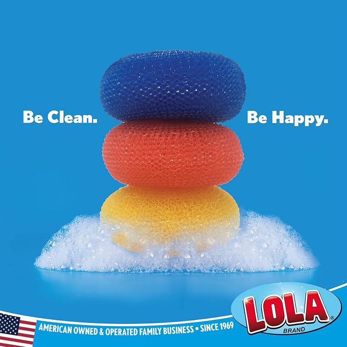 LOLA Jumbo 4" Plastic Mesh Scouring Pads, 6 Pack, Non-Scratch, Great for Pots, Dishwashing, Sinks, Appliances, Assorted Colors