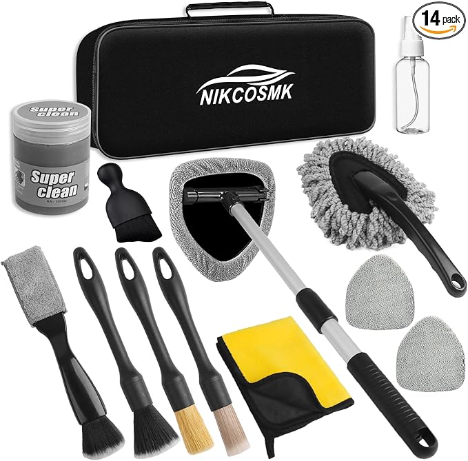 Windshield Cleaner Tool, 14Pcs Car Cleaning Kit - Car Interior Detailing Kit with Extendable Handle, Cleaning Gel & Microfiber Pads, All-in-One Inside Car Cleaning Supplies for Women Men
