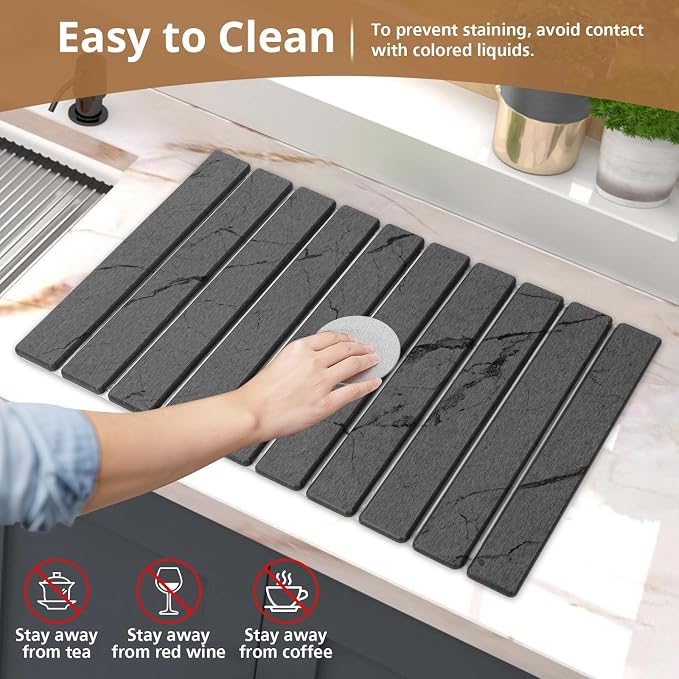 2 PCS Large Stone Dish Drying Mat for Kitchen Counter, Marbled Quick Dry Stone Dish Mats, Diatomaceous Earth Drying Pad, Foldable and Super Absorbent Dish Drying Stone Mat (Dark Gray 24"×16" & 8"×4")
