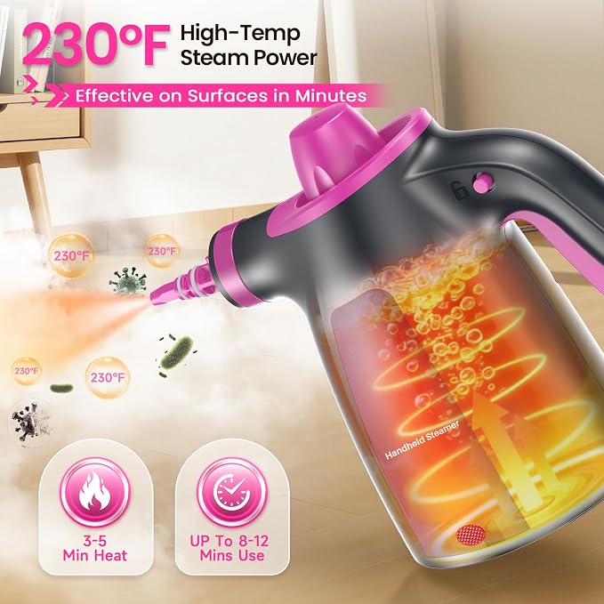 12Pcs Pressurized Handheld Steam Cleaner, Portable Deep Cleaning Steamer | Natural Deep Cleaning, Multi-Purpose for Home, Grout, Kitchen, Car, Window, Upholstery, Bathroom and Clothes