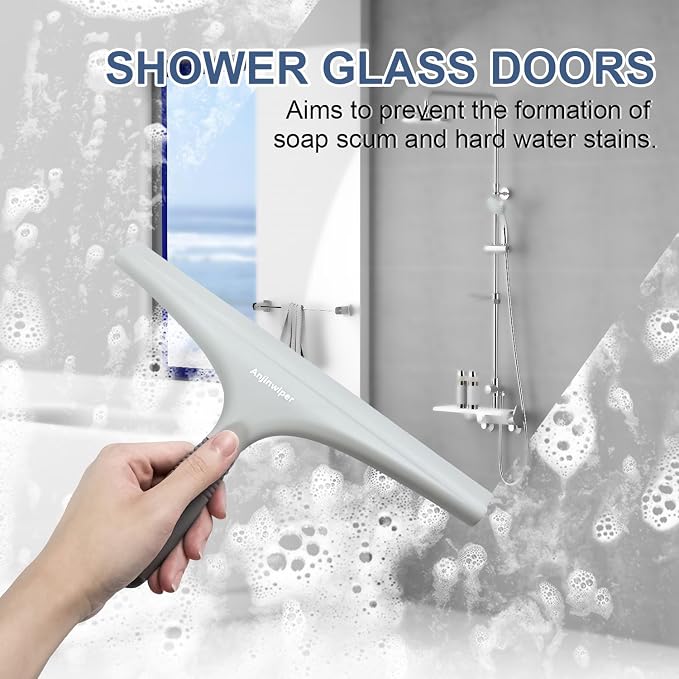 Shower Squeegee for Glass Doors, 10 in Bathroom Squeegee for Shower Glass | Silicone Glass Squeegee for Tile Shower Walls/ Windows/ Mirrors/ Car, Ergonomic Streak Free Shower Squeegees, Adhesive Hook