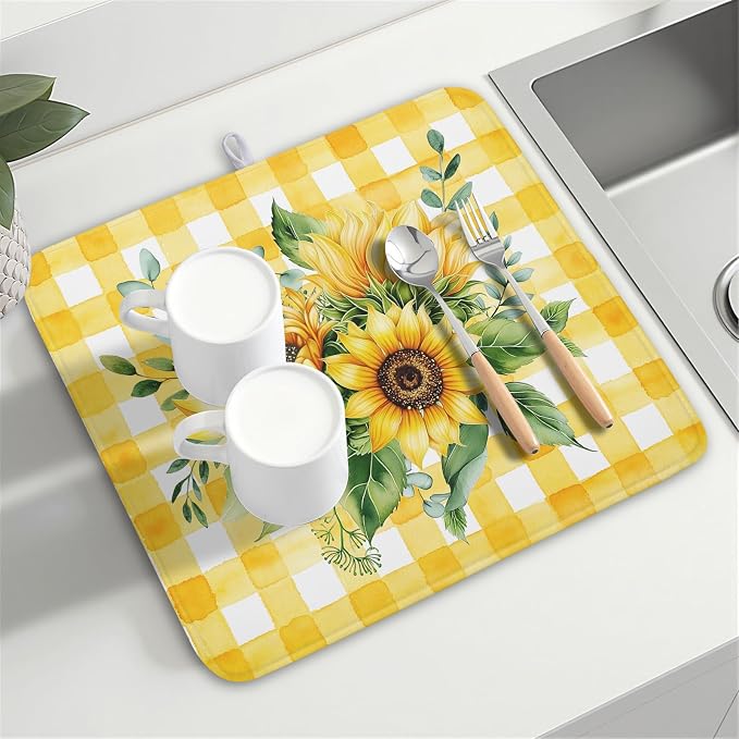 Sunflower Dish Drying Mat 16x18 Inch Absorbent Reversible Summer Sunflower Drying Mat Summer Plaid Dish Drying Rack Mat Yellow Summer Themed Dish Drainer Mat for Kitchen Counter Coffee Bar