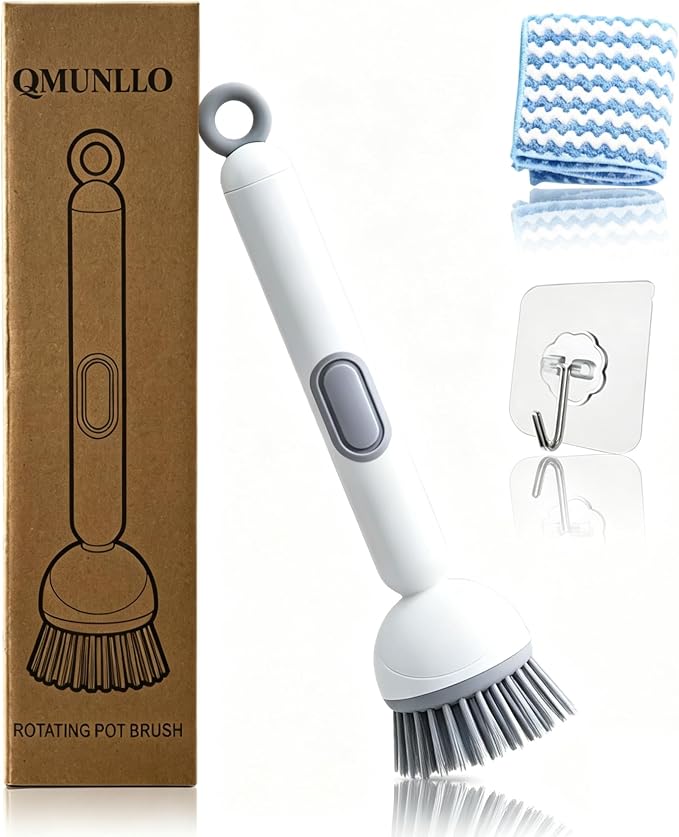 QMUNLLO 360° Rotating Dish Brush with Soap Dispenser, Non-Slip Long Handle Kitchen Scrubber Cleaning Set with Towel and Wall Hook, Ideal for Sink, Pans, Pots Cleaning(White)