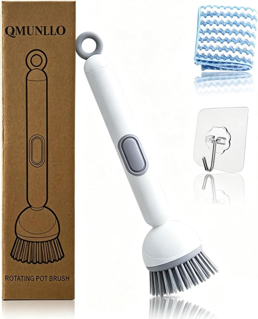 QMUNLLO 360° Rotating Dish Brush with Soap Dispenser, Non-Slip Long Handle Kitchen Scrubber Cleaning Set with Towel and Wall Hook, Ideal for Sink, Pans, Pots Cleaning(White)