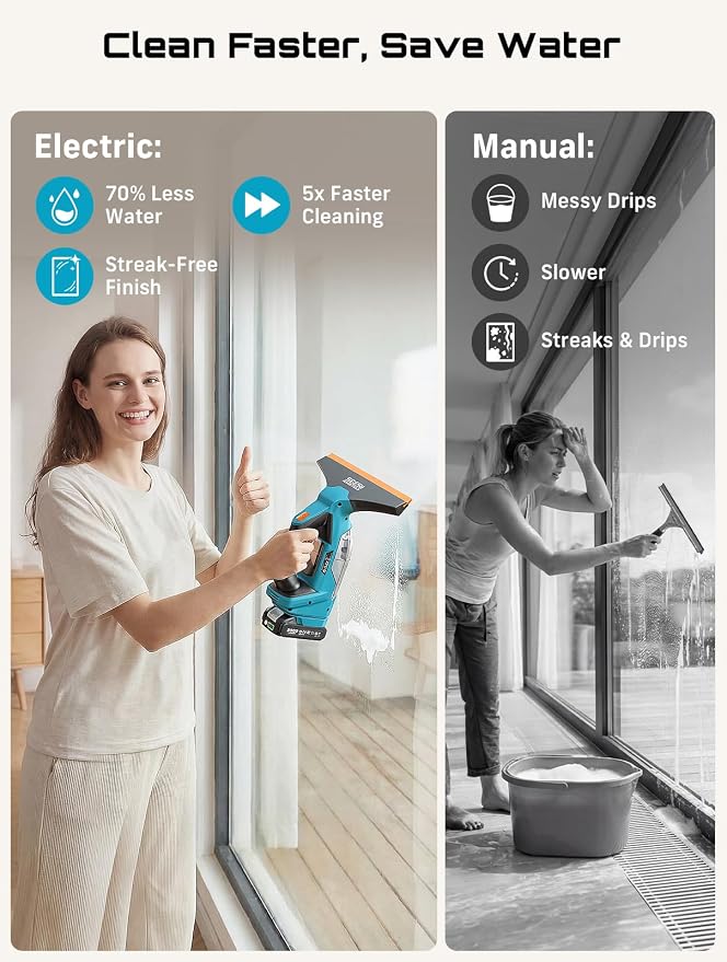 SEESII Cordless Window Vacuum Squeegee Streak-Free for Mirrors Glass Tiles | 11" and 6.7" Squeegees, 2000Pa, 60Mins, 2000mAh Battery,150ml Water Tank