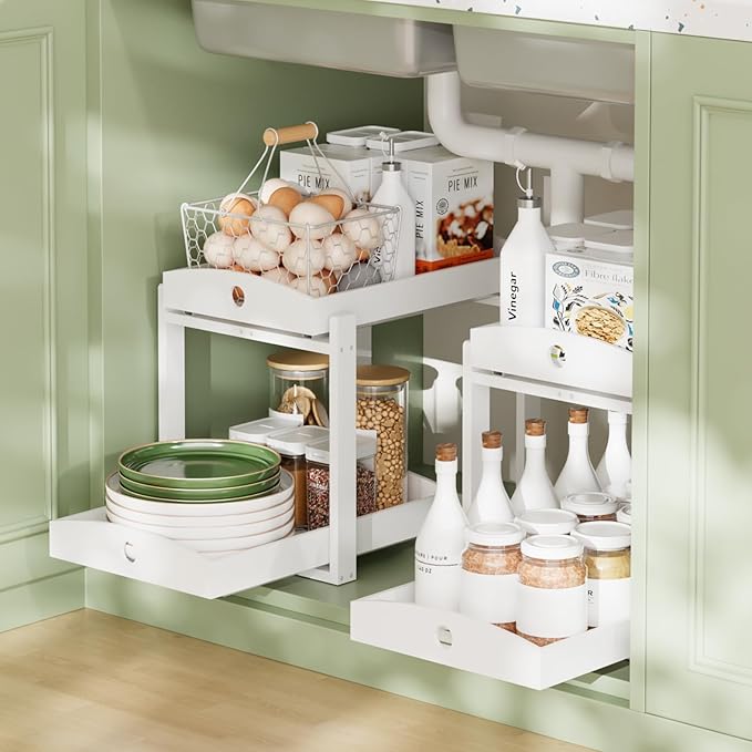 APRTAT 2 Pack Under Sink Organizer, Bamboo Wooden 2-Tier Pull-Out Storage with Sliding Drawers for Kitchen and Bathroom Cabinets, Easy Installation (White)