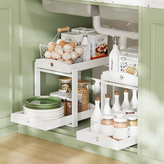 APRTAT 2 Pack Under Sink Organizer, Bamboo Wooden 2-Tier Pull-Out Storage with Sliding Drawers for Kitchen and Bathroom Cabinets, Easy Installation (White)