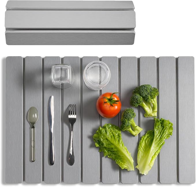 Meowoo Stone Drying Mat for Kitchen Counter, 23.6"x15.3" Foldable Diatomaceous Earth Mat, Super Absorbent, Quick-Dry Bath & Kitchen Pad for Dishes, Cups, Non-Slip, Fit Any Countertop - Light Gray