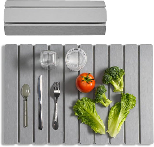 Meowoo Stone Drying Mat for Kitchen Counter, 23.6"x15.3" Foldable Diatomaceous Earth Mat, Super Absorbent, Quick-Dry Bath & Kitchen Pad for Dishes, Cups, Non-Slip, Fit Any Countertop - Light Gray