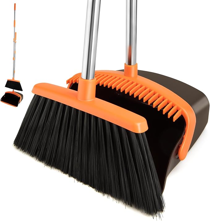 Broom and Dustpan Combo Set,Long Handle, Brown Orange | Heavy Dust, Dustpans with Broom Combo for Home, Kitchen, Office, Classroom,Apartment, Pet Hair