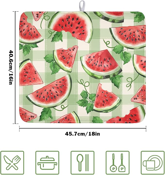 Summer Dish Drying Mat for Kitchen Counter Watercolor Watermelon Green Buffalo Plaid Microfiber Dish Drainer Mat Rustic Absorbent Washable Drying Pad 16"x18"