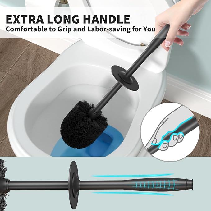 Toilet Brush, Toilet Bowl Brush with Extra Long Handle Durable Bristles Toilet Scrubber and Covered Holder for Toilet Brush Set for Bathroom Cleaning (Black, 1 Set)