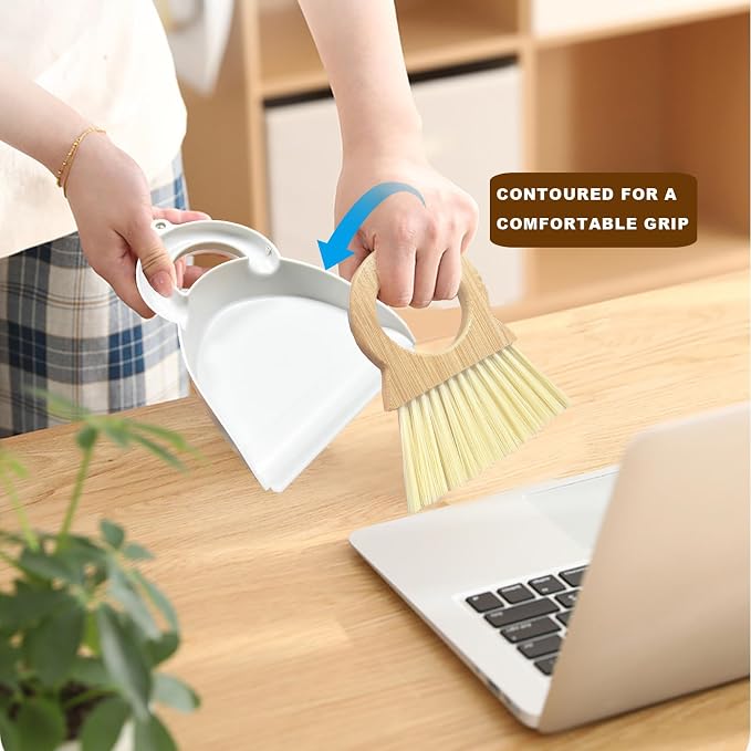 Mini Broom and Dustpan Set Bamboo Broom with Dustpan Combo Set Portable Hand Sweeper for Office Kitchen Dorm Home Quick Cleanups (White)