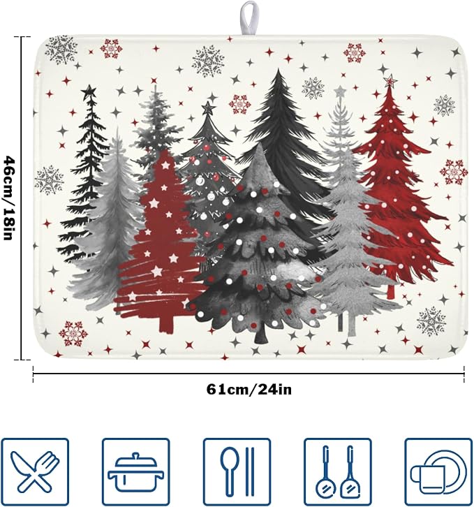 Christmas Gray Red Tree Dish Drying Mat 18x24 Inch Xmas Snowflake | Winter，Polyester，Absorbent Microfiber，for Kitchen Coffee Dining Bar Decor