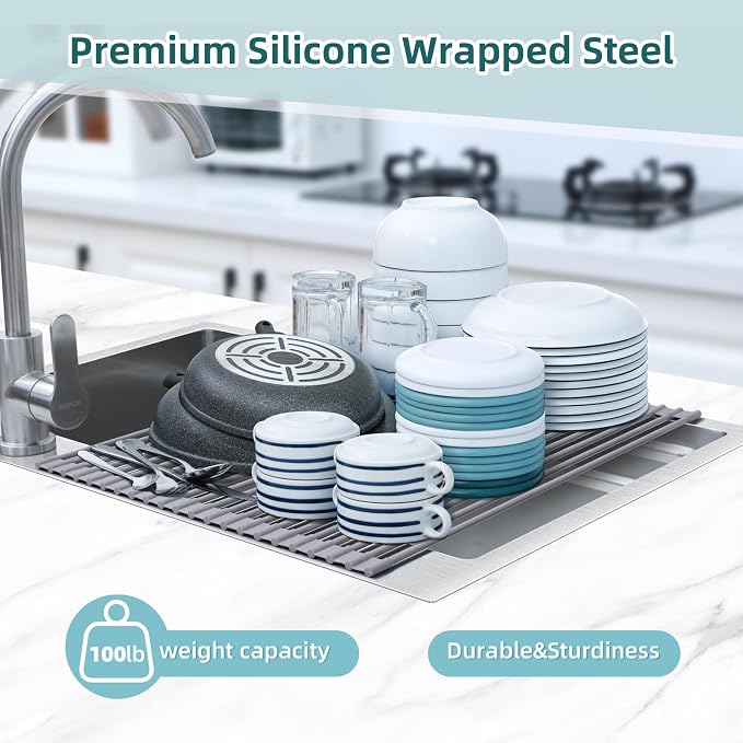 Ohuhu Sink Drying Rack, 20.5" W x 16.1" L Over The Sink Roll-Up Dish Drainer - Rolling Foldable Sink Accessories Heat-Resistant Mat Anti-Slip Silicone Coated Multipurpose for Kitchen Counter