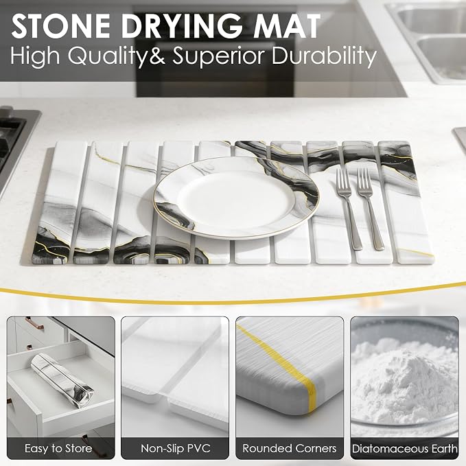 4-Piece Large Stone Dish Drying Mat for Kitchen Counter, 24"x16" Super Absorbent Diatomaceous Earth Drying Mat Set with Faucet Mat & Small Utility Mat, Rollable Quick Dry Pad for Dishes, Cups, Bottles