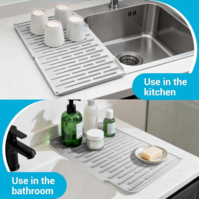 Foldable Silicone Dish Drying Mat for Kitchen Counter & Sink - Quick Dry, Space Saving, Non-Slip Pad for Small Apartments & Coffee Bar Light Grey