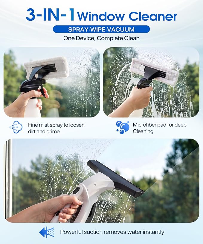 Window Vacuum Squeegee Cordless, 3-in-1 Electric Window Cleaner Tool with Spray & Microfiber Pad, Streak-Free 2200Pa Suction for Glass, Shower Doors, Mirrors, Tiles and Car Windows