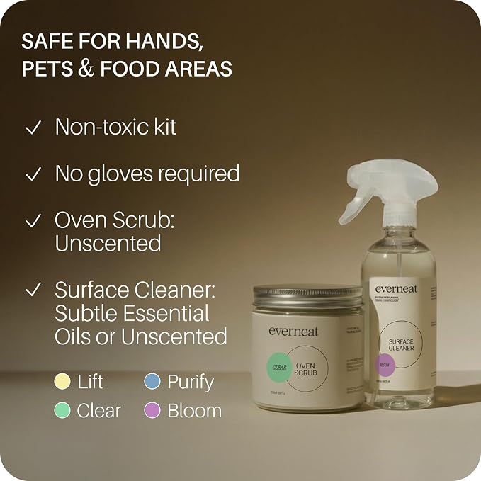 Everneat Oven Cleaning Kit: Natural Oven Cleaner and Kitchen Cleaner | Heavy Duty Oven Cleaner & Oven Rack Cleaner Kit | Fume-free & Safe to Clean All Ovens (Bloom) | Refillable Plastic Jar & Bottle