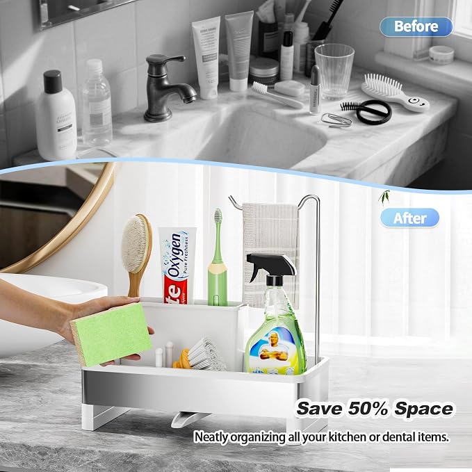 Ewaiira Sponge Holder for Kitchen Sink, Stainless Steel Sink Caddy with Brush Holder & Dishcloth Rack, Countertop Sink Organizer, Soap Dispenser Kitchen Organizers Storage Essentials (E-White 9.8″)