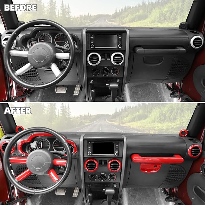 14PCS Full Set Interior Trim Kit for 2007-2010 Jeep Wrangler JK JKU, Air Outlets A Pillar Speaker Glove Box Handle Dashboard Cover Trim(Red)